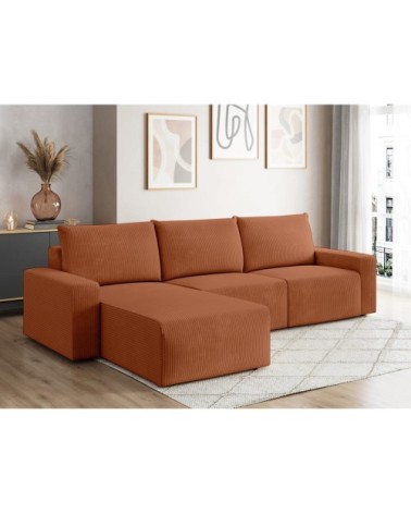 Canapé d'angle réversible 4 places en velours côtelé - terracotta