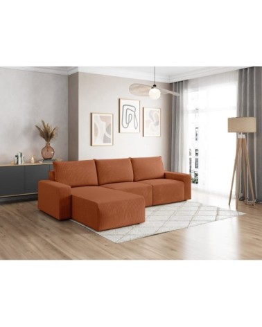 Canapé d'angle réversible 4 places en velours côtelé - terracotta
