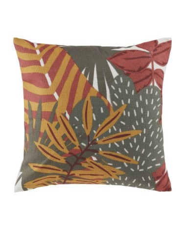 Coussin motif végétal vert kaki, jaune moutarde, terracotta et écru 45x45