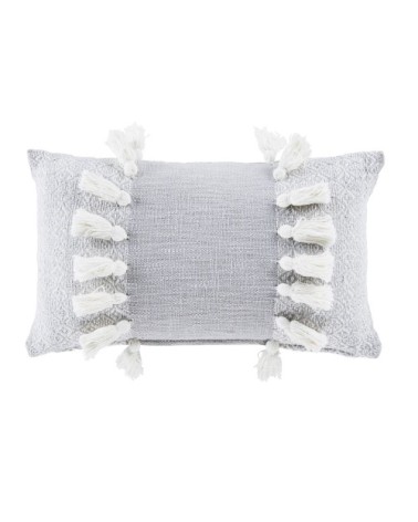 Coussin en coton recyclé tissé gris avec pompons 30x50