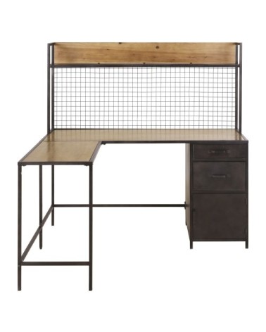 Bureau d'angle 2 tiroirs 1 porte en métal gris et bois de sapin