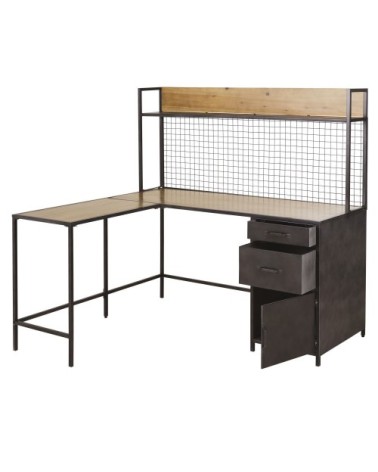 Bureau d'angle 2 tiroirs 1 porte en métal gris et bois de sapin