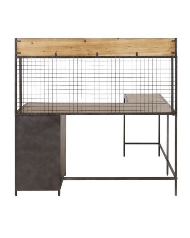 Bureau d'angle 2 tiroirs 1 porte en métal gris et bois de sapin