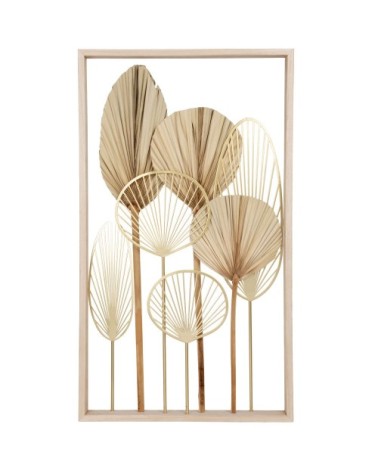 Déco murale feuilles en métal doré et palmes séchées beiges 43x73