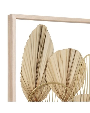 Déco murale feuilles en métal doré et palmes séchées beiges 43x73
