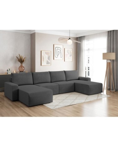 Canapé panoramique fixe 6 places en velours côtelé - gris
