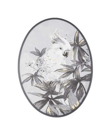 Toile ovale imprimé perroquet gris, noir et blanc 60x80