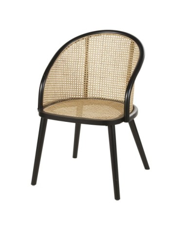 Fauteuil à dîner en bois de hêtre noir et cannage en rotin beige