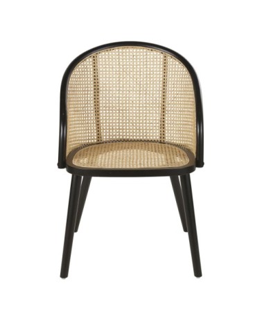 Fauteuil à dîner en bois de hêtre noir et cannage en rotin beige