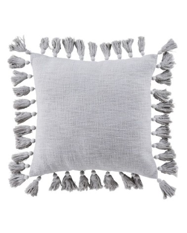 Coussin en coton recyclé tissé gris avec pompons 50x50