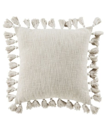 Coussin en coton recyclé tissé beige avec pompons 50x50