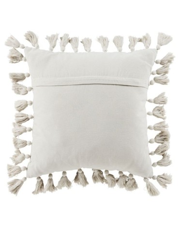 Coussin en coton recyclé tissé beige avec pompons 50x50