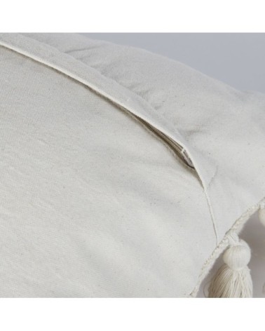 Coussin en coton recyclé tissé beige avec pompons 50x50