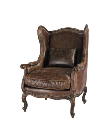 Fauteuil bergère en cuir marron