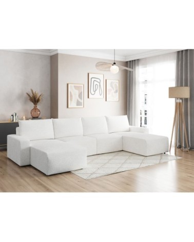 Canapé panoramique fixe 6 places en tissu bouclette - blanc