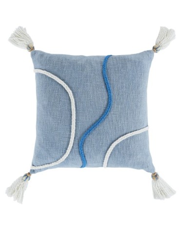 Coussin en coton imprimé bleu et blanc à franges 45x45