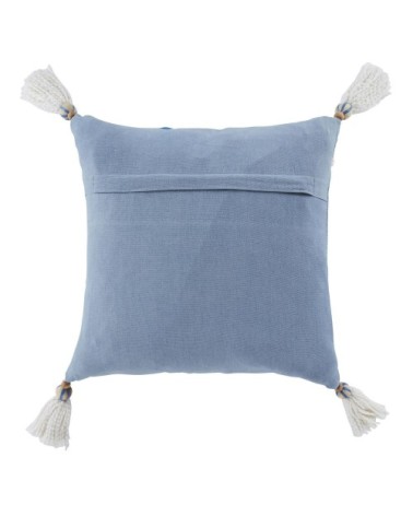 Coussin en coton imprimé bleu et blanc à franges 45x45