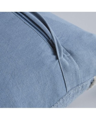 Coussin en coton imprimé bleu et blanc à franges 45x45