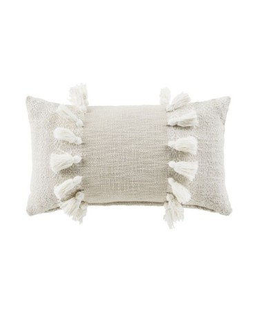 Coussin en coton recyclé tissé beige avec pompons 30x50