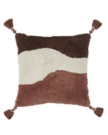 Coussin en coton tufté terracotta, aubergine et écru avec pompons 45x45