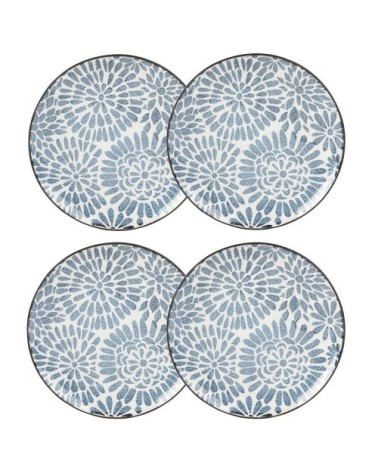 Assiette à dessert en grès blanc motifs graphiques bleus