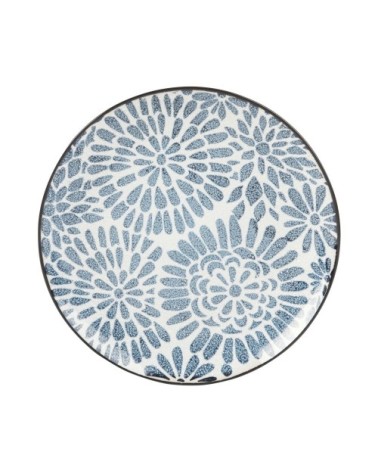 Assiette à dessert en grès blanc motifs graphiques bleus