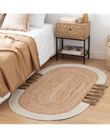 Tapis en jute tissé à pompons beige et écru 90X150