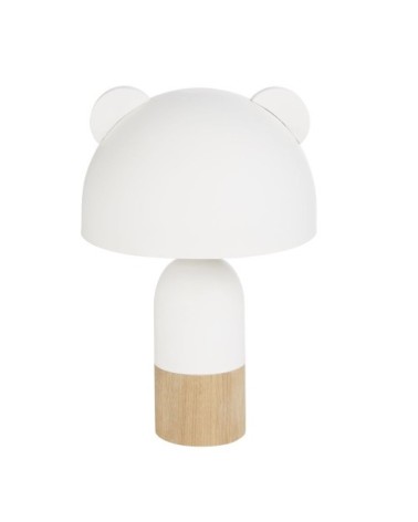 Lampe abat-jour blanc en métal oreilles en bois avec pied bicolore écru et bois H25