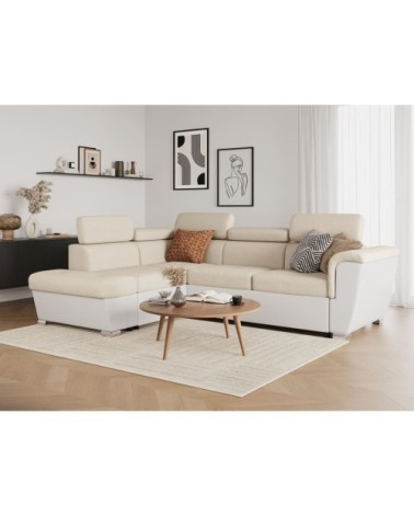 Canapé d'angle gauche convertible 4 places, tissu easy clean et simili