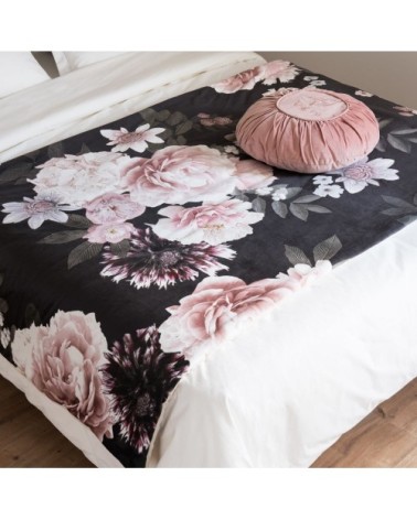 Boutis en velours rose et noir motif imprimé floral et pompons 100x200