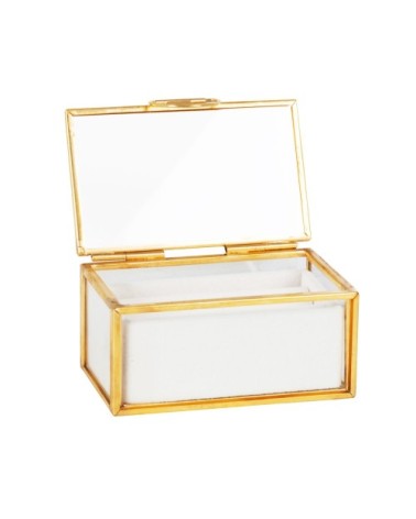 Boîte à bijoux en verre transparent, doré et tissu écru