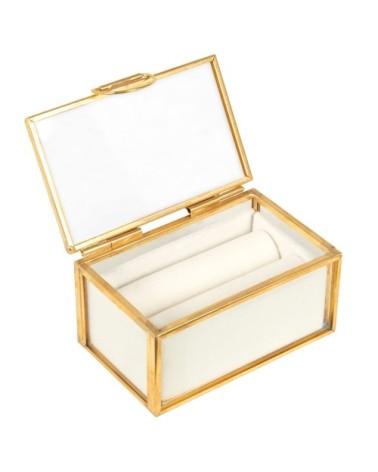 Boîte à bijoux en verre transparent, doré et tissu écru