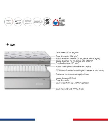 Matelas 180x200, ressort ensachés, mi-ferme, H26