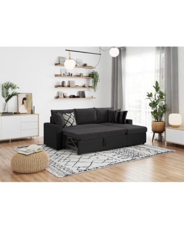 Canapé d'angle convertible coffre marron en simili microfibre - noir