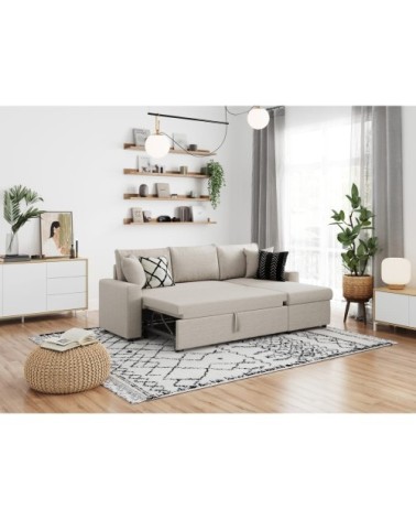 Canapé d'angle convertible coffre marron en tissu - beige