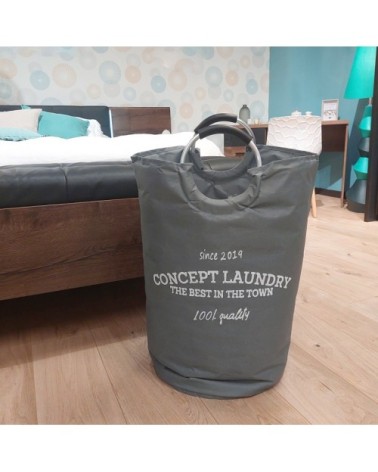 Sac à linge pliable rond en tissu gris avec poignées