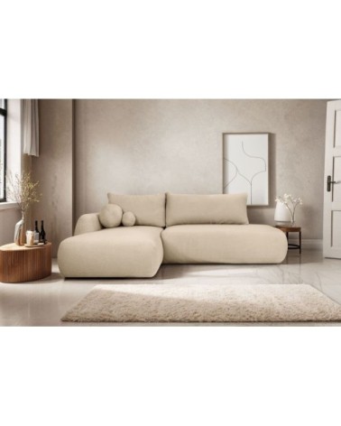 Canapé d'angle gauche convertible 5p fabio en tissu bouclette - beige