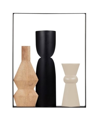 Déco murale en bois d'hévéa beige, marron et métal noir 39x50