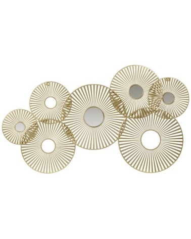 Déco murale cercles en métal ajouré doré et miroirs 81x47