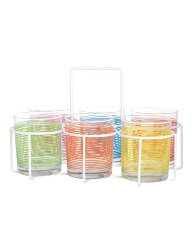 Gobelets en verre multcolore (x6) support en métal filaire blanc