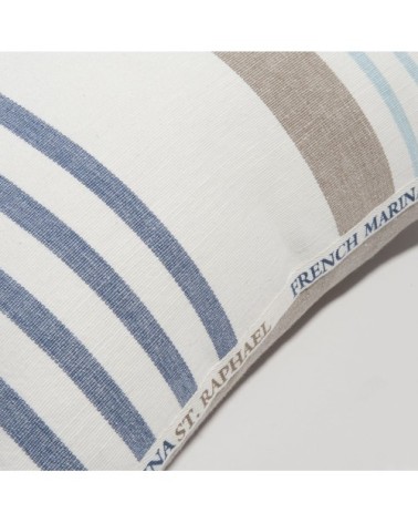 Coussin en coton blanc, bleu, taupe motifs à rayures tissées 50x50