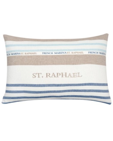 Coussin en coton blanc, bleu, taupe motifs à rayures tissées 40x60