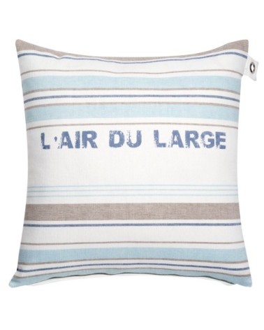 Coussin en coton blanc, bleu, taupe motifs à rayures tissées 60x60