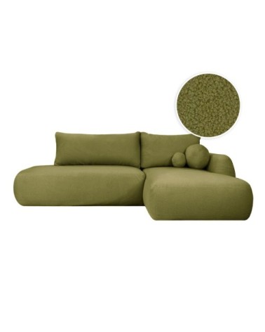 Canapé d'angle droit convertible 5p fabio en tissu bouclette vert kaki