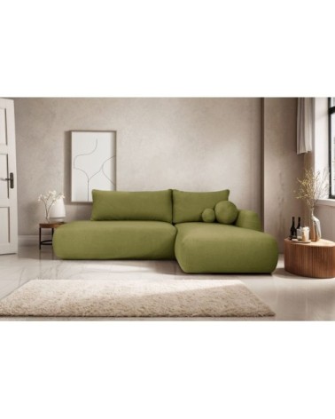 Canapé d'angle droit convertible 5p fabio en tissu bouclette vert kaki