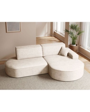 Canapé d'angle droit convertible 4places marlo en velours cotelé beige