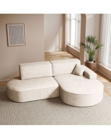 Canapé d'angle droit convertible 4places marlo en velours cotelé beige