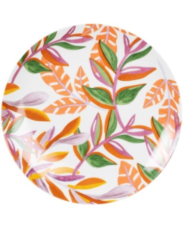 Assiette plate en porcelaine motif végétal multicolore