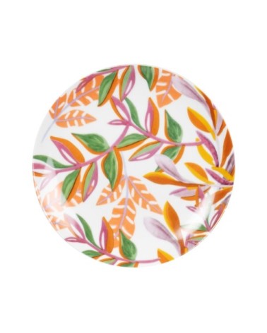 Assiette à dessert en porcelaine motif végétal multicolore