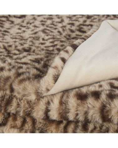 Plaid imitation fourrure écrue, noire et marron imprimé léopard 150x180